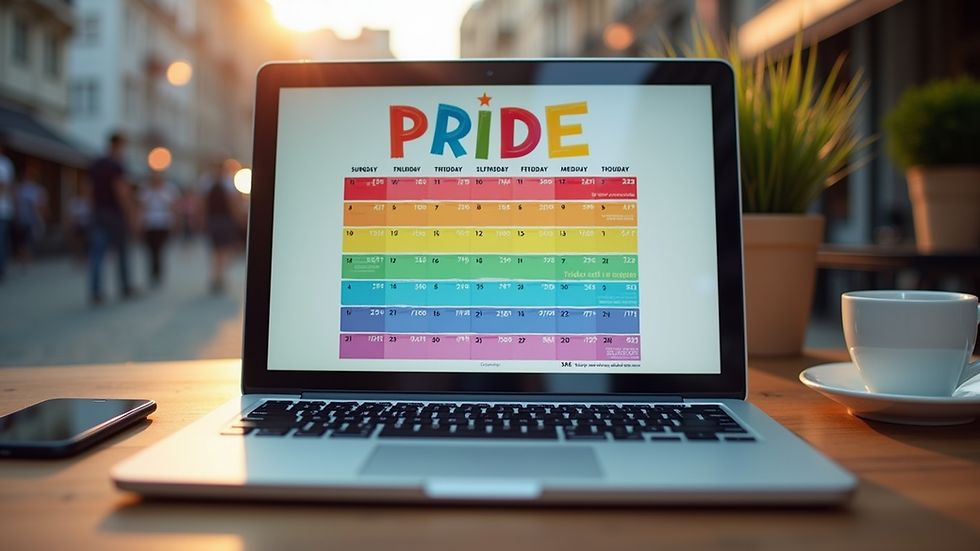 Eye-level view of a laptop displaying a colorful pride event calendar
