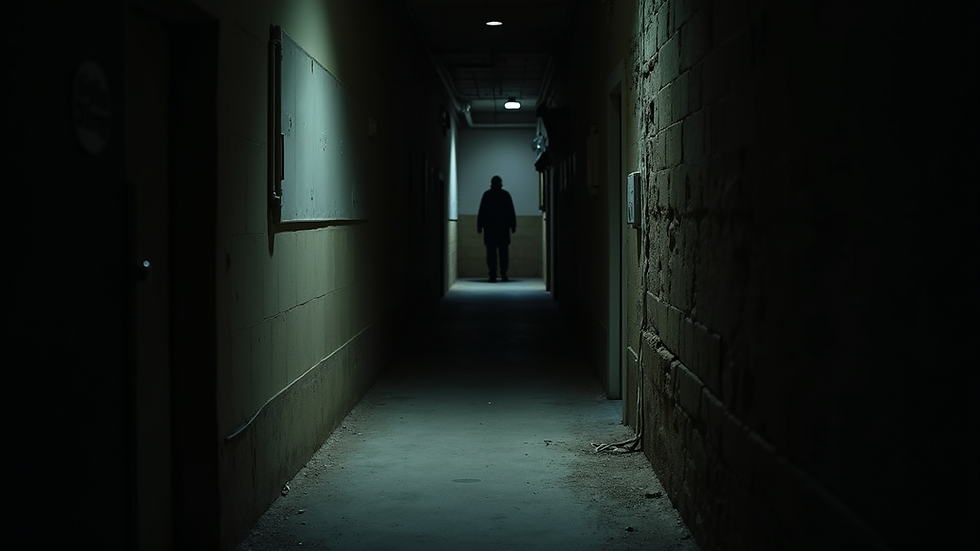 Eye-level view of a dimly lit alleyway with a mysterious shadow