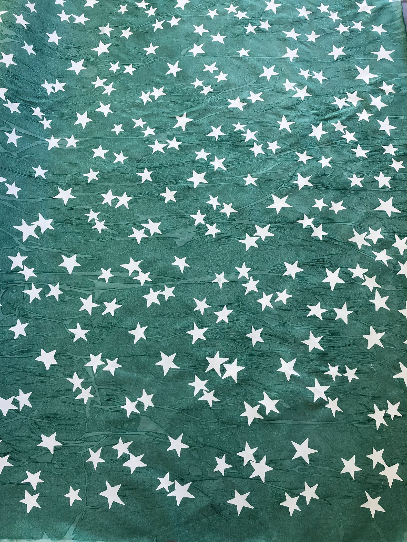 White Stars on Green Marbleized hand painting (Barbara also called Watermark).  Cotton