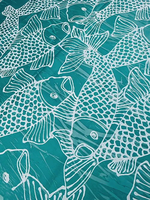 Batik Pescé design screen-printed on Teal hand-marbleized Linen     3 yards  Remnant, sold as one piece     55" wide  26" repeat 