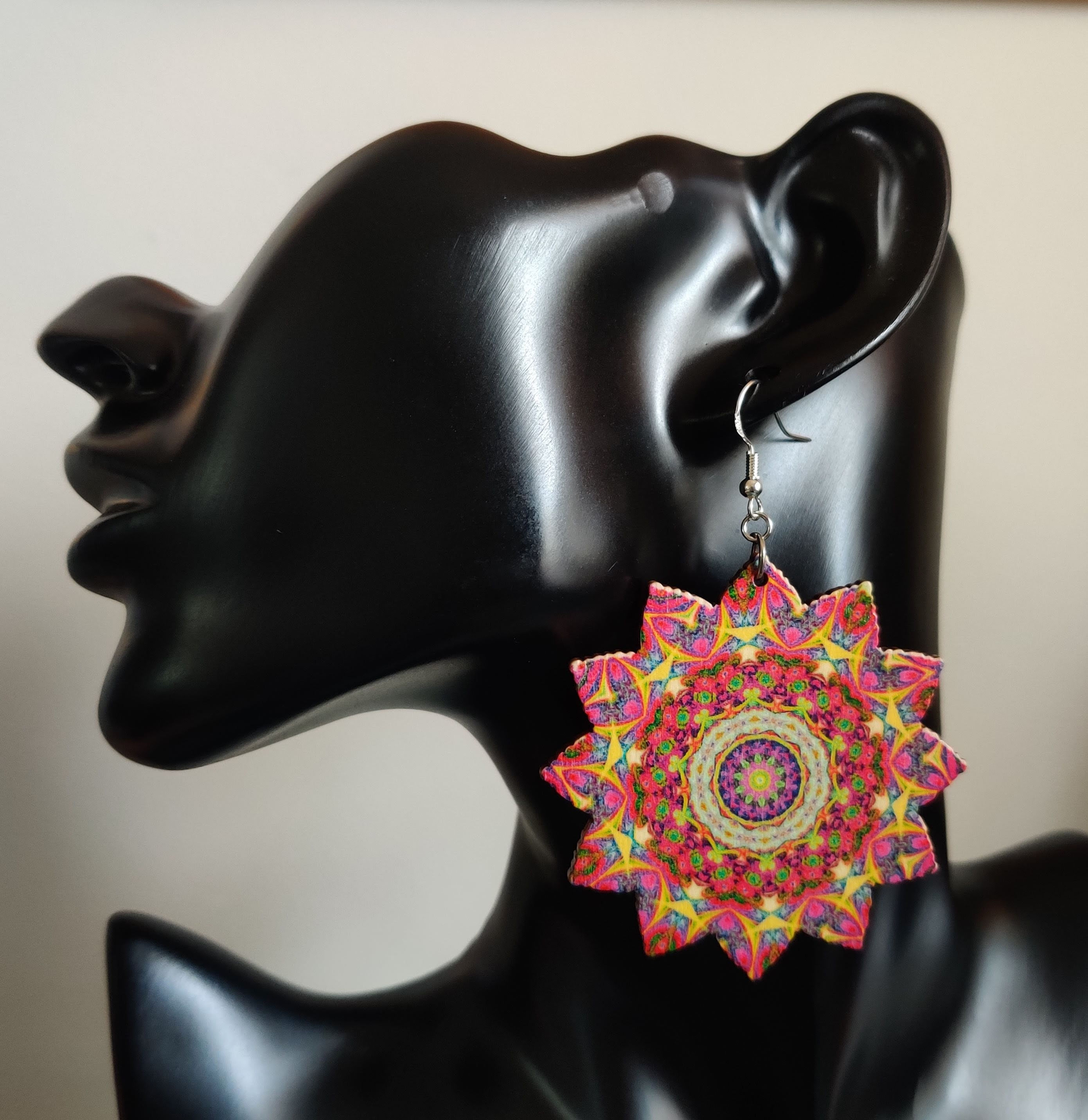 Pink/red wood mandala earrings