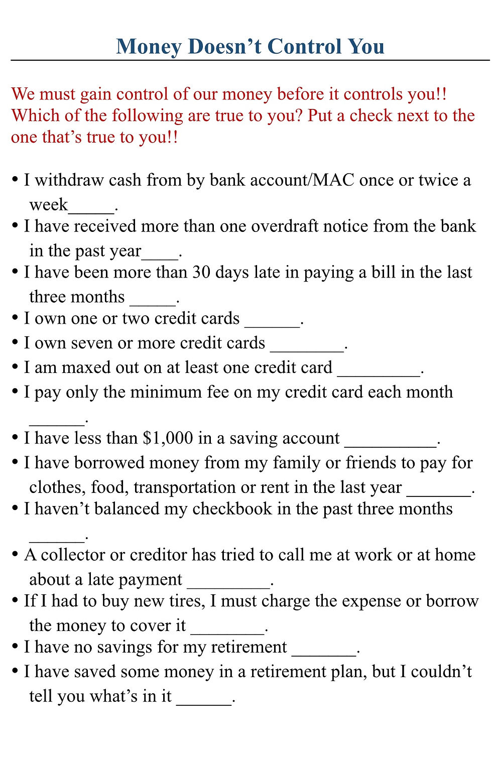 Week 1 Money Doesn't Control You