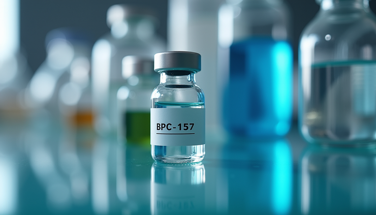 Close-up view of a vial containing BPC-157 peptide solution on a laboratory bench