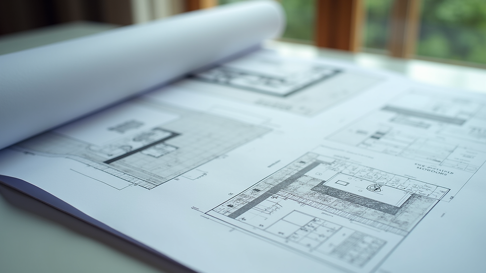 Close-up view of architectural blueprints on a table