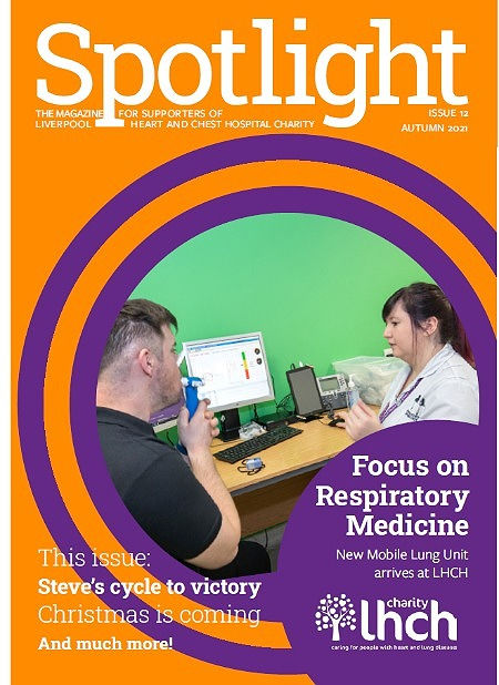 The front cover of the Liverpool Heart and Chest Hospital Spotlight newsletter, featuring and image of a female nurse and a male patient blowing into a spirometer