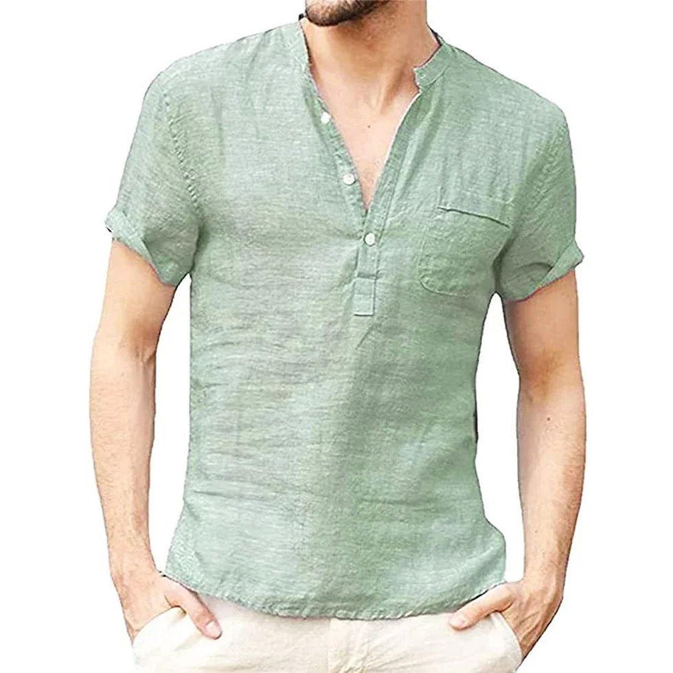 Miniatura: Casual Men's Linen Shirt – Short Sleeve 3-Button V-Neck Top with Pocket for Ever