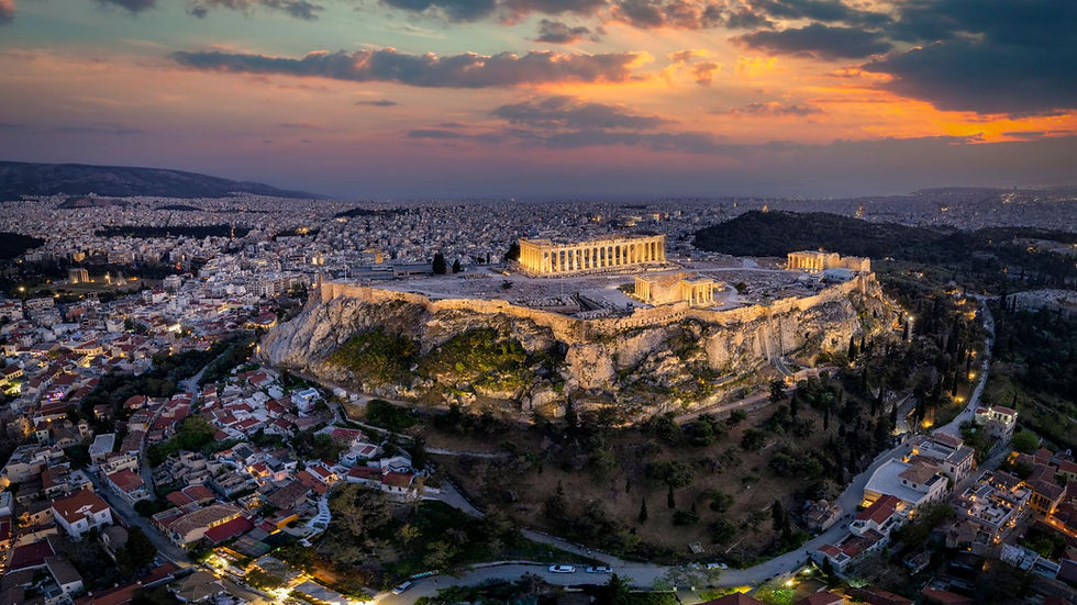 View of the Acropolis and Athens skyline at sunset after a day of sightseeing.