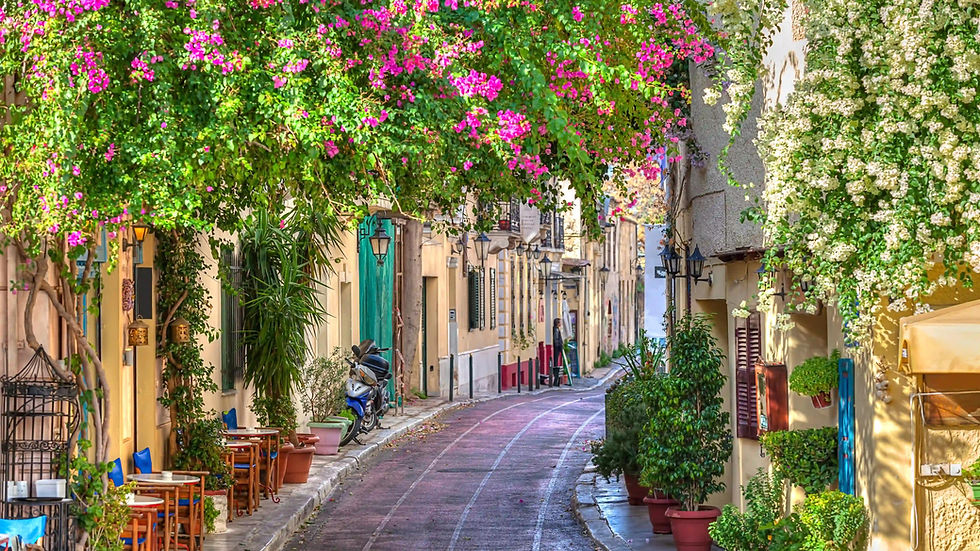 The charming streets of Plaka and Anafiotika beneath the Acropolis.