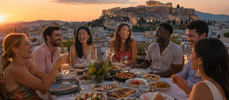 Traditional Greek dinner overlooking the Acropolis in Athens
