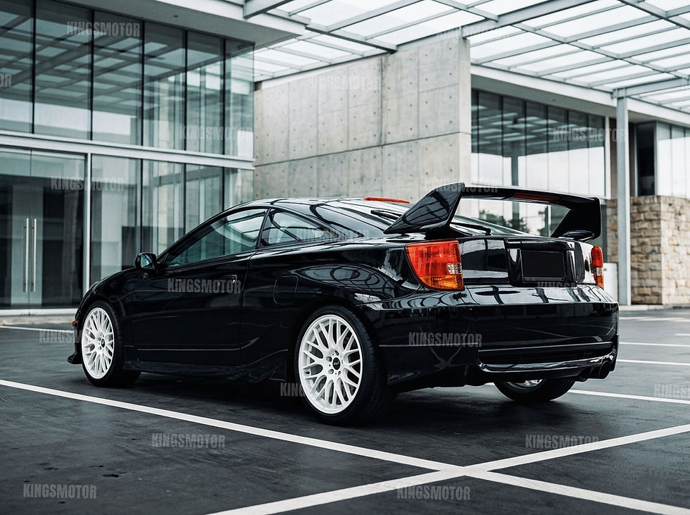 Side-rear view of 2K painted gloss black TRD wing spoiler fitted on Toyota Celica 2000–2005, premium quality ABS
