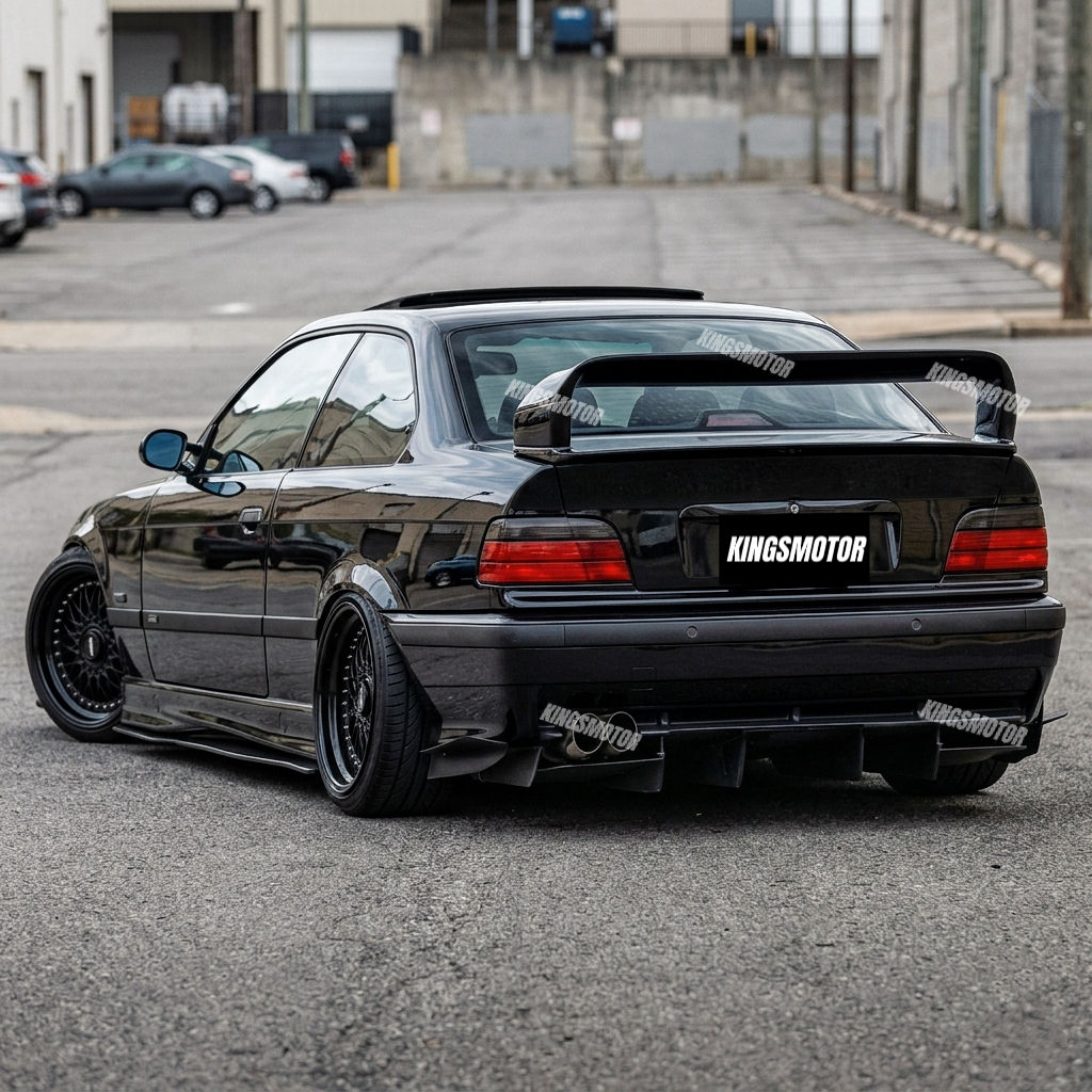 Side rear view BMW E36 M3 LTW GT Style rear wing spoiler (1990–2000), Gloss Black, ABS, fits 318i/318is/320i