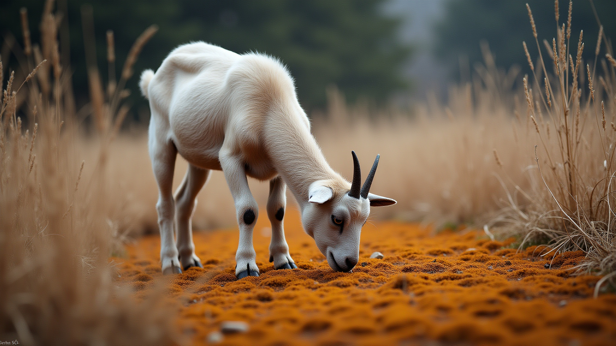 Eine weiße Bergziege grast in der Natur, umgeben von orangefarbenem Gras.