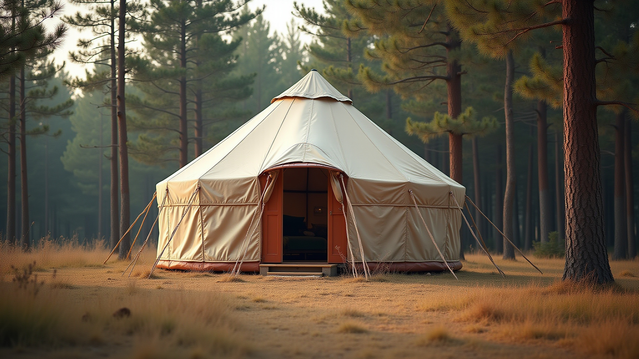Ein Zelt steht in einem Wald, umgeben von Bäumen; Die Waldoase.