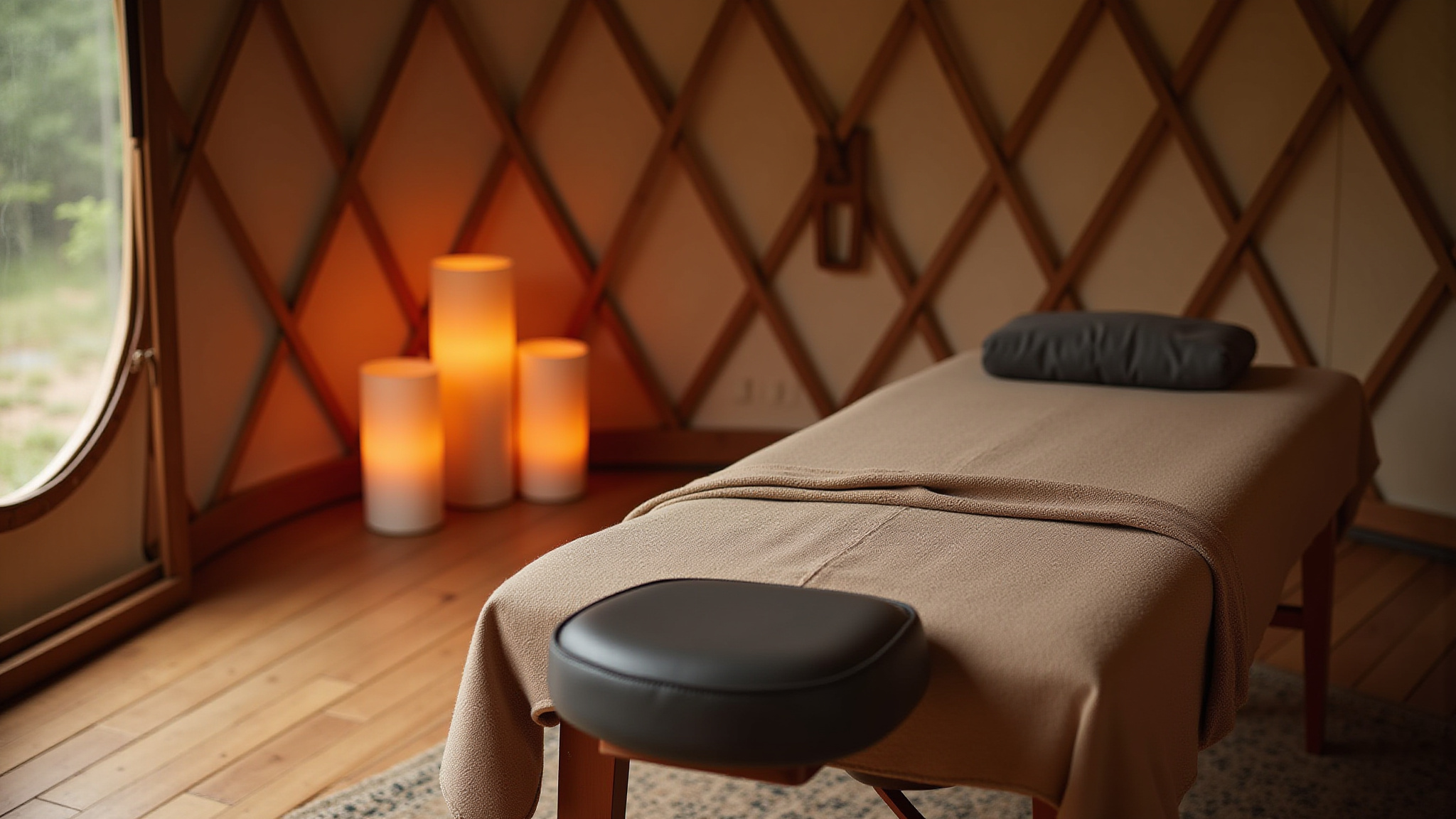Massage table with candles and Die Waldoase in a relaxing spa environment.