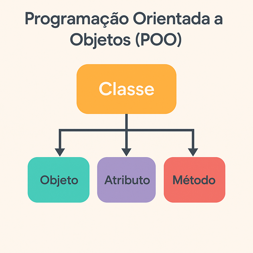 POO em foco: classe, objeto, atributo e método — a base da programação orientada a objetos.