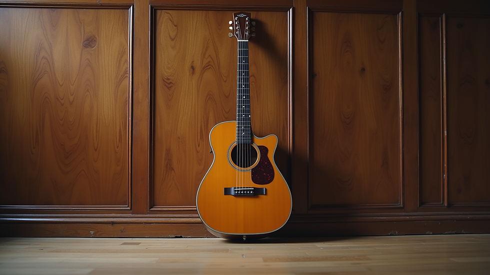 Eye-level view of a vintage guitar resting against a wooden wall
