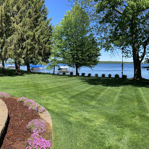 beautiful shot of a lawn freshly cut with a lake view in the background