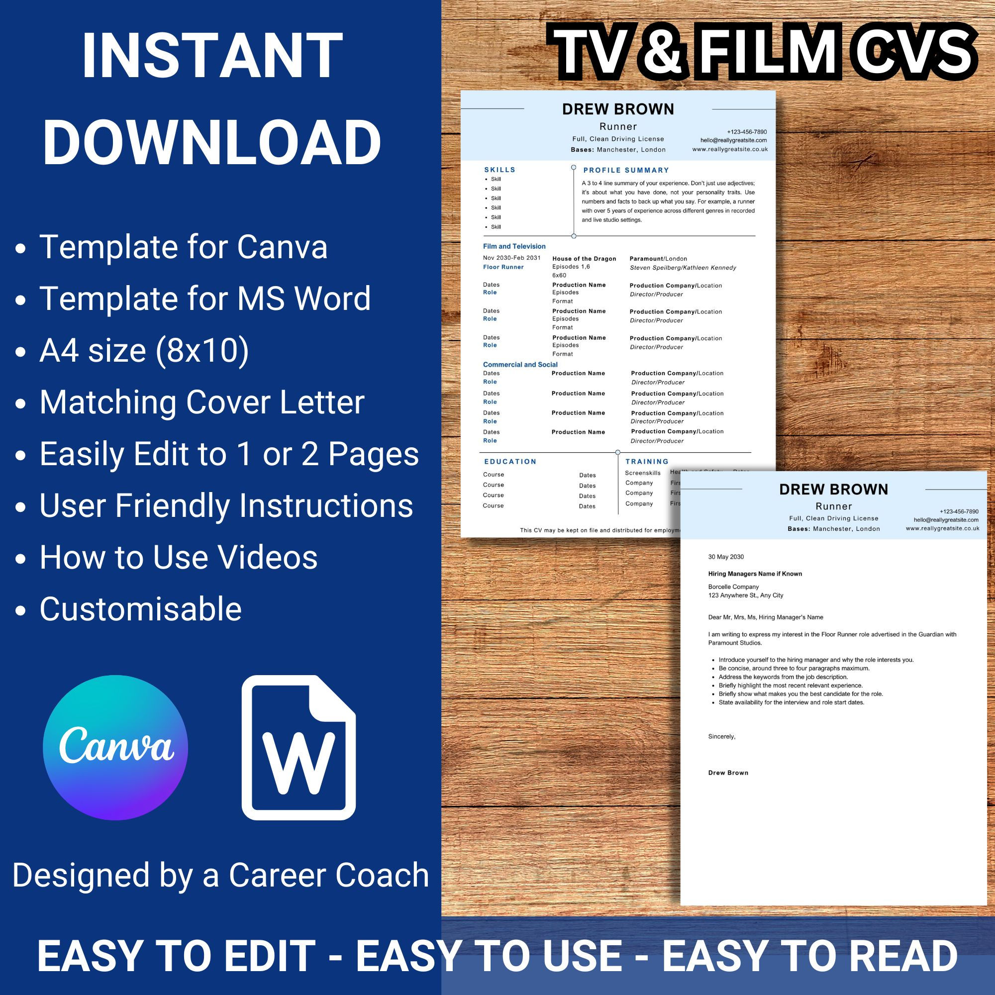 Modern Blue Media CV and Matching Cover Letter Templates