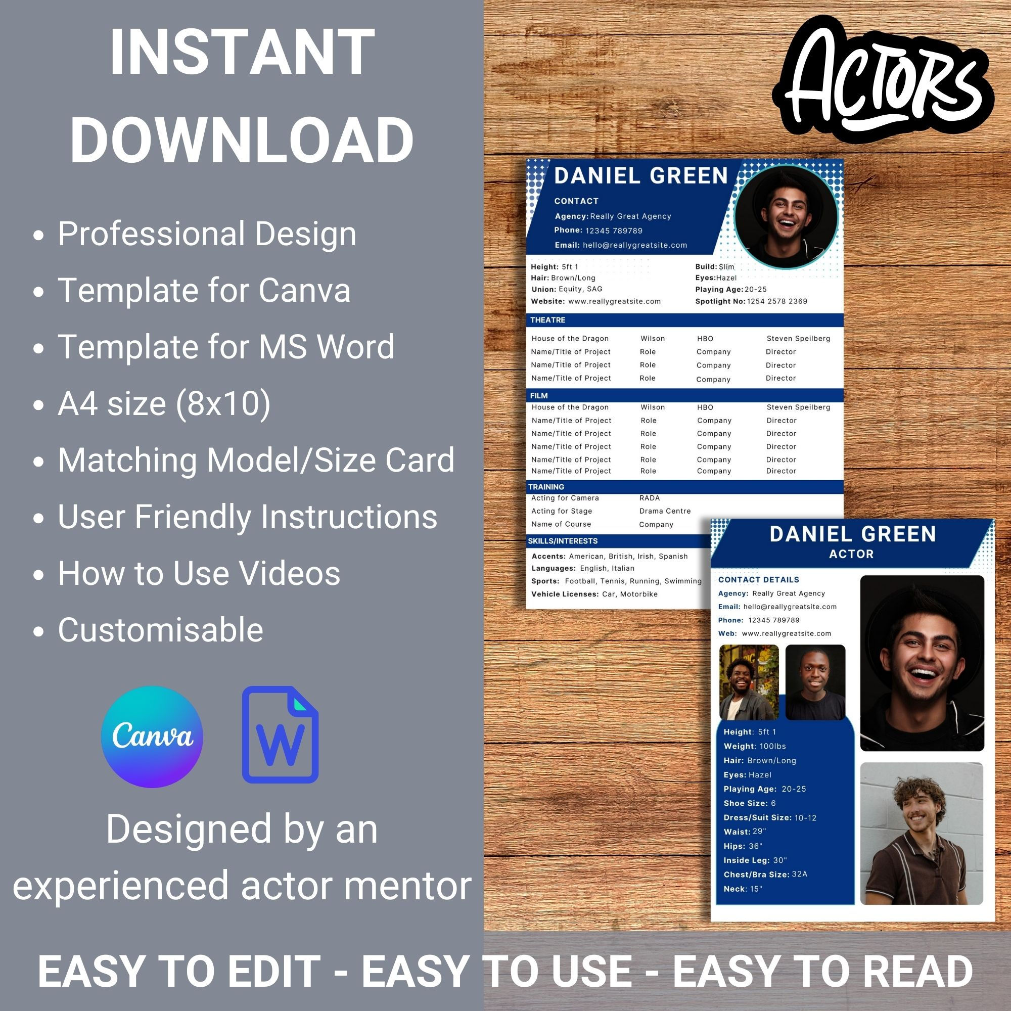 Geo Dots Acting Resume | CV Template for Actors and Matching Size Card