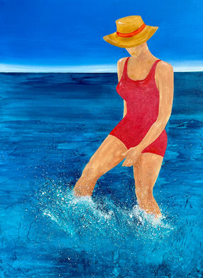 painting of woman kicking up the surf
