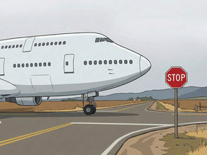 Airplane stopped at a red stop sign on a road, representing U.S. travel bans and immigration restrictions.