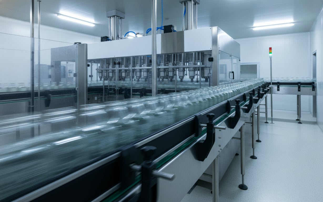 An automated filling line illustrating lean production and reduced changeover times.