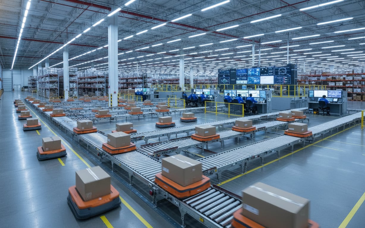Automated robots and conveyor systems sorting packages inside a modern fulfillment center.