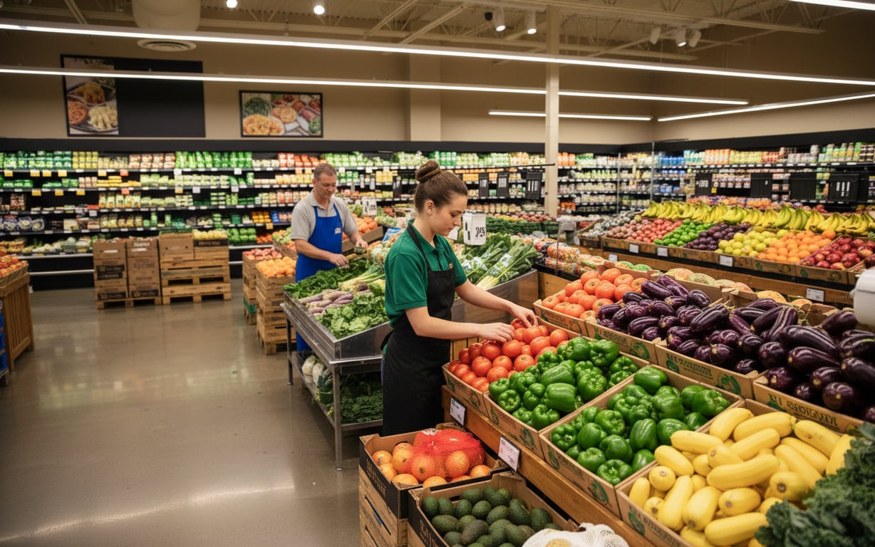 A grocery employee restocking a fresh produce section during early morning replenishment.