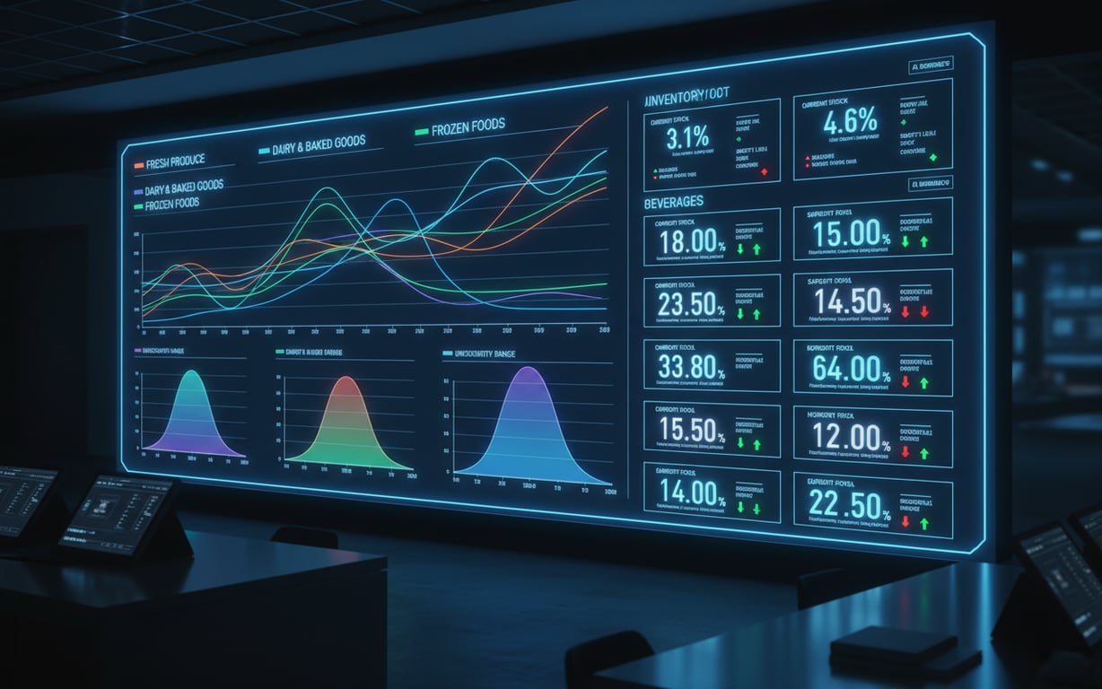 A digital dashboard showing AI-generated demand forecast curves and inventory metrics.
