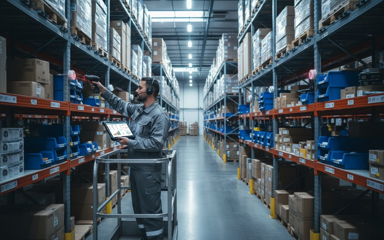 A warehouse employee using connected sensors and a tablet to monitor real-time inventory visibility.