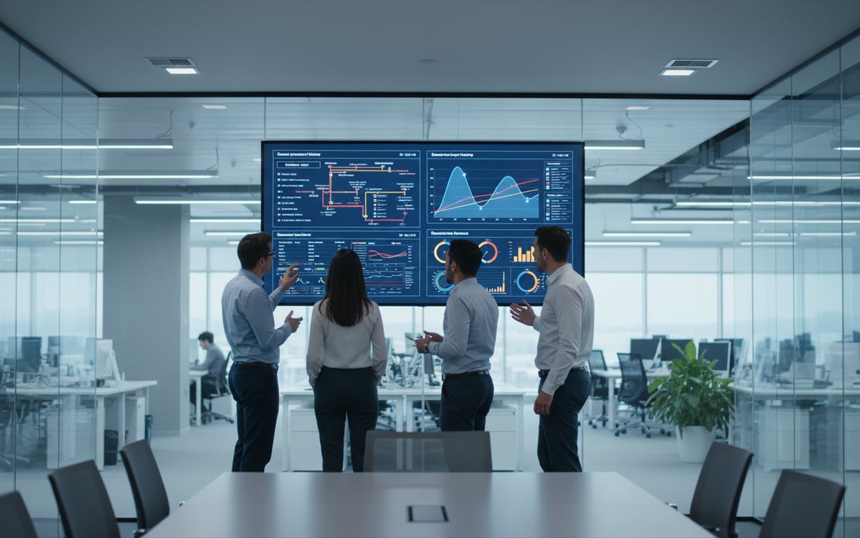 An operations team reviewing supply chain analytics and demand forecasts together.