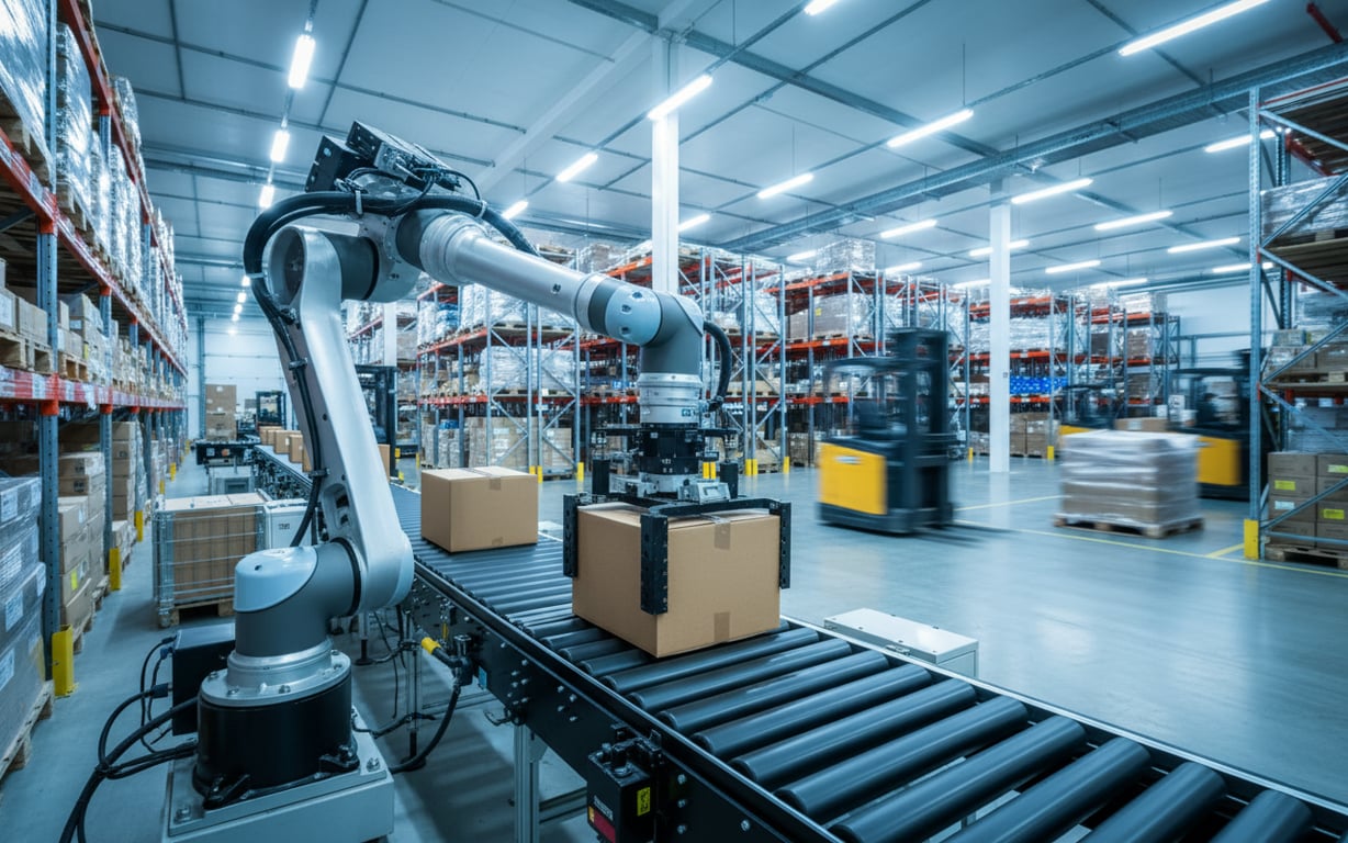 A robotic picking arm operating on a warehouse conveyor system.