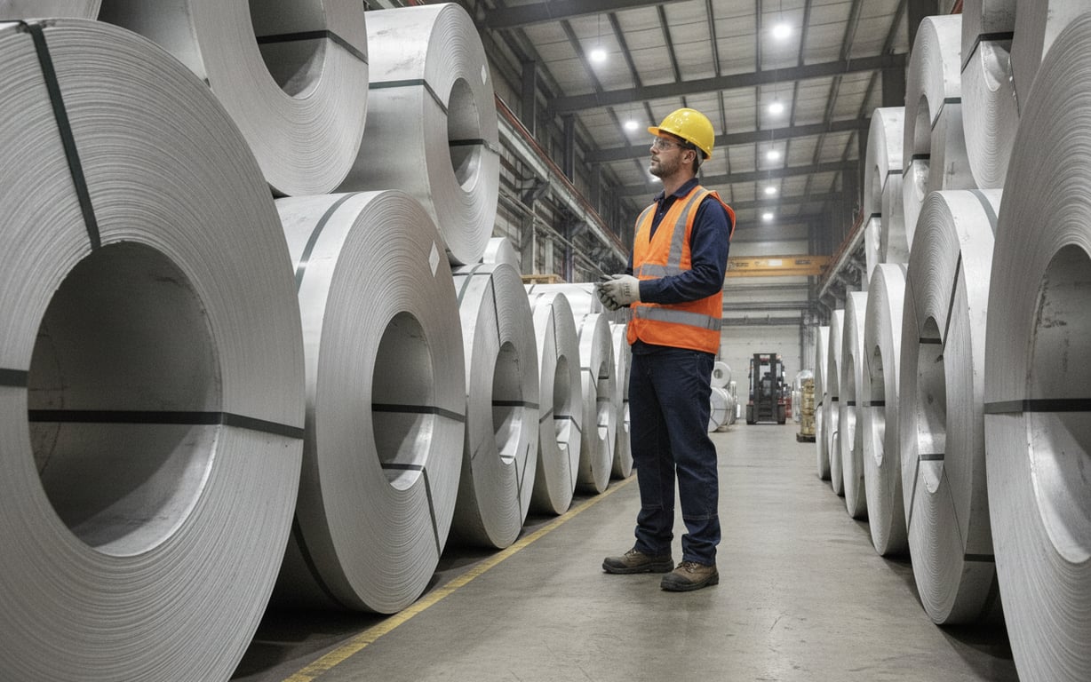 A worker inspecting aluminum coil stock used in beverage can packaging production