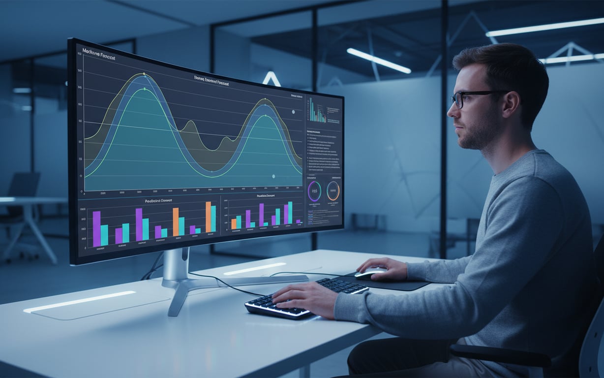 A data analyst reviewing a machine learning-powered demand forecasting dashboard.