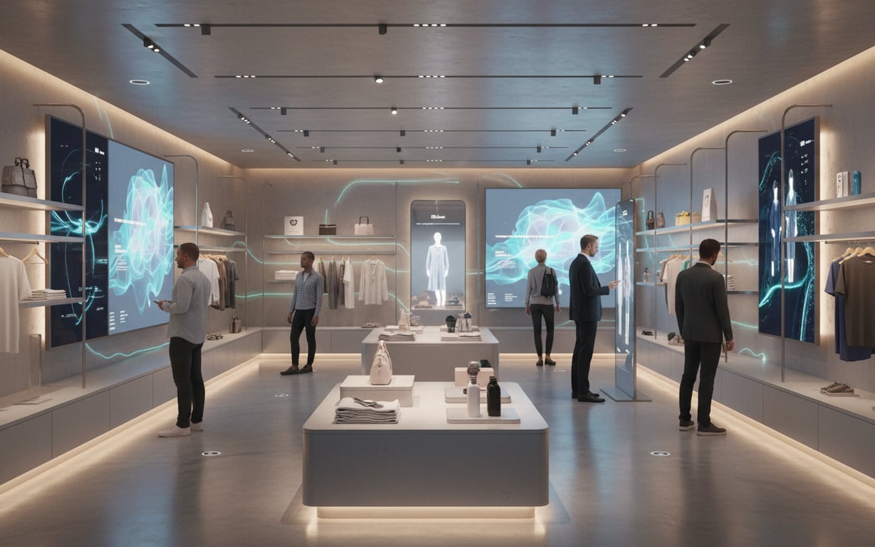 A futuristic retail store interior combining digital displays with a seamless physical shopping experience.