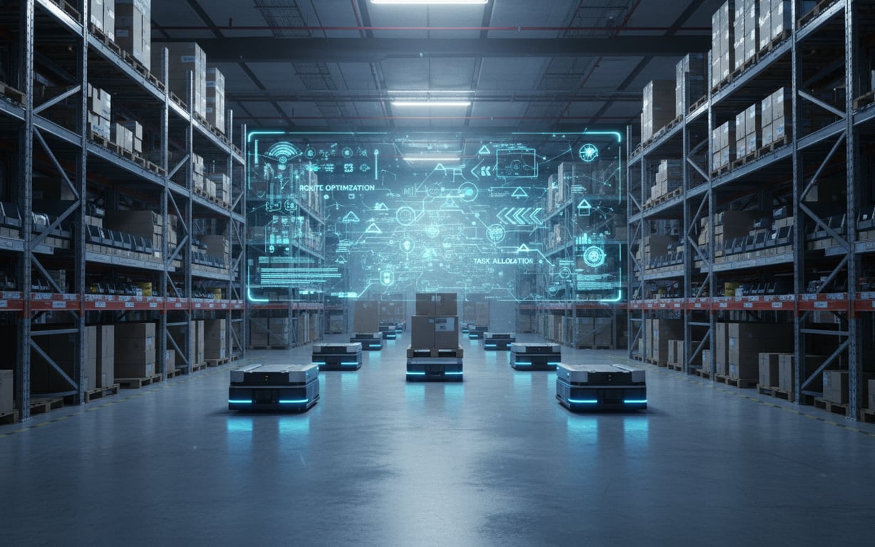 Autonomous robots coordinating logistics tasks in a smart, AI-driven warehouse environment.