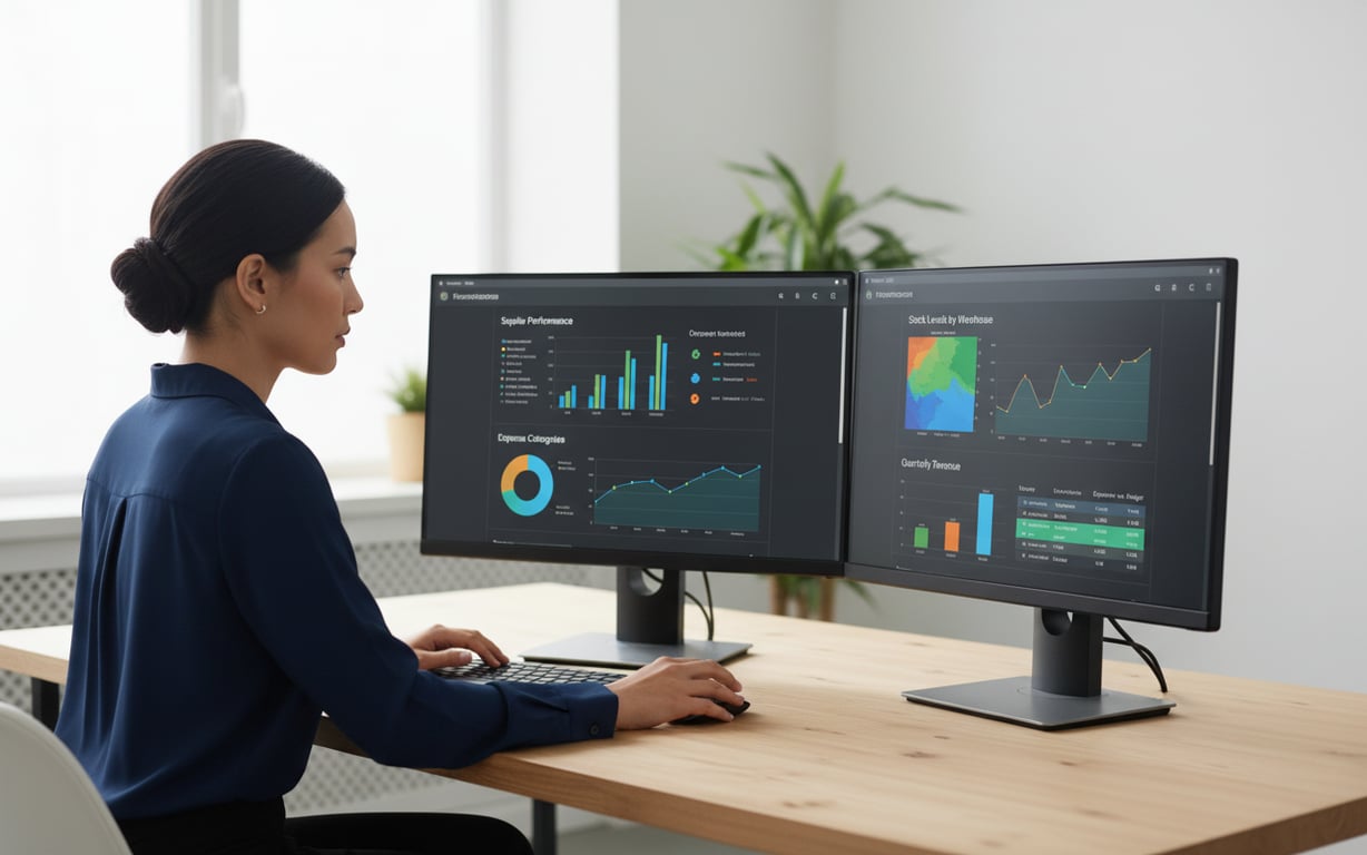 An analyst reviewing an integrated ERP dashboard with procurement and inventory data.
