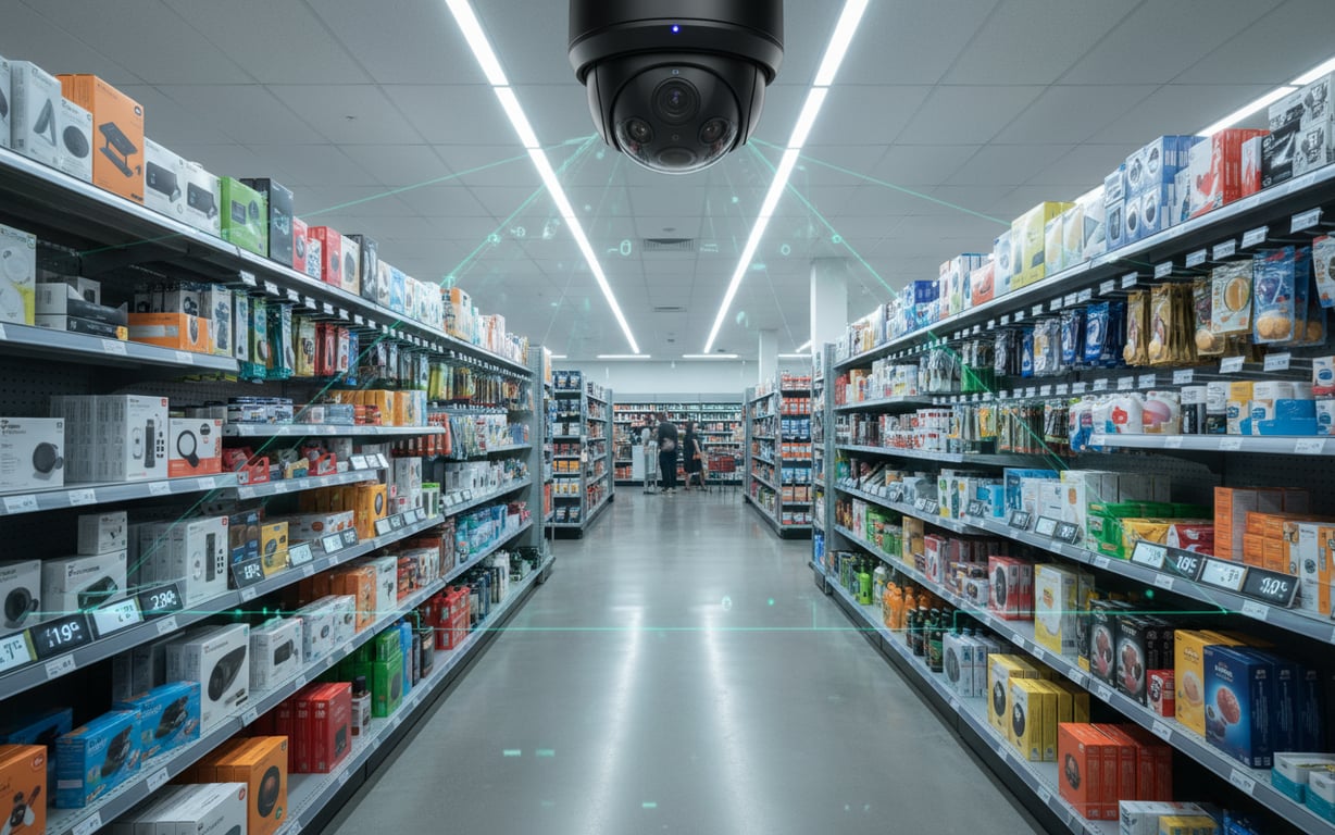 An AI-enabled security camera monitoring a modern, well-stocked retail store aisle.