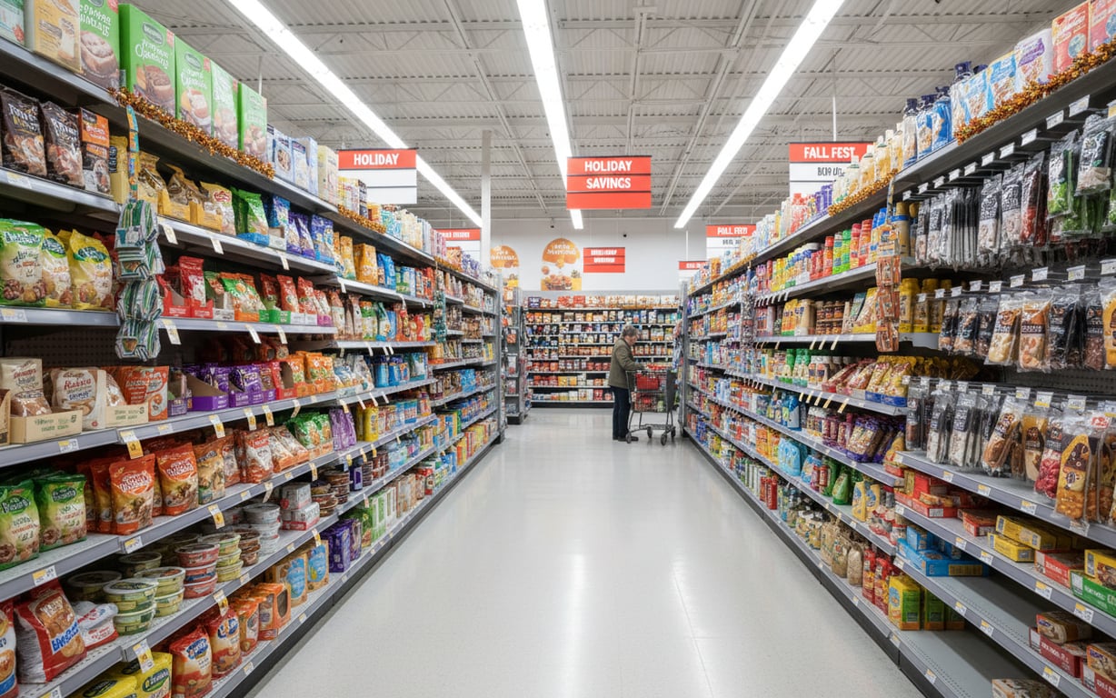 A retail aisle prepared for seasonal demand with well-stocked shelves.