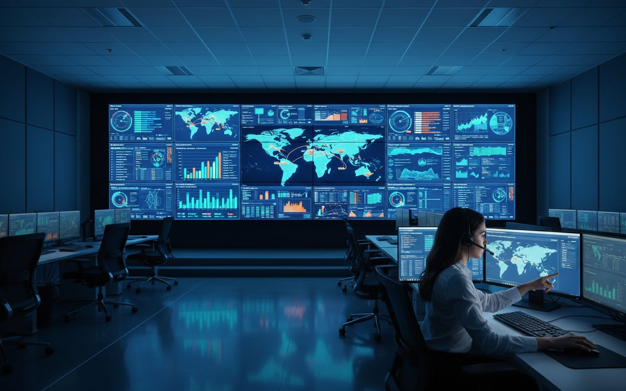 A control room dashboard displaying real-time supply chain and inventory tracking data.