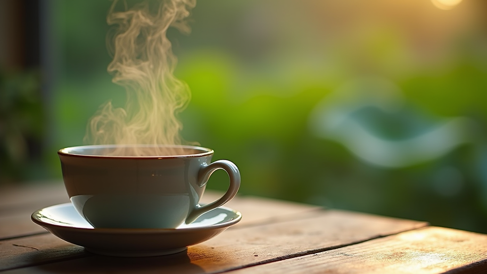 Close-up view of a steaming cup of lotus flower tea on a wooden table