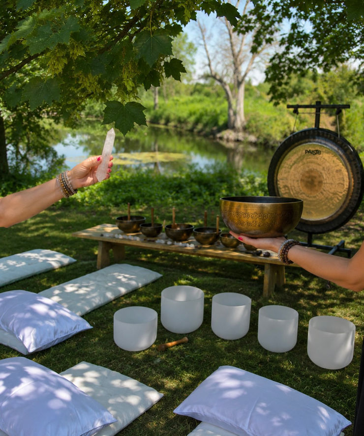 A serene outdoor setting by a tranquil lake for an immersive crystal and sound therapy session.