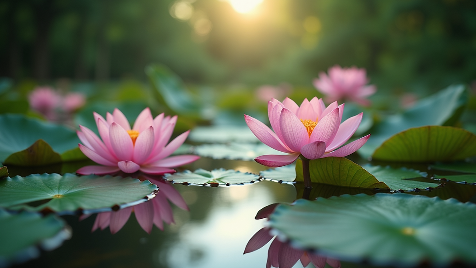 Eye-level view of lotus flowers blooming in a tranquil pond