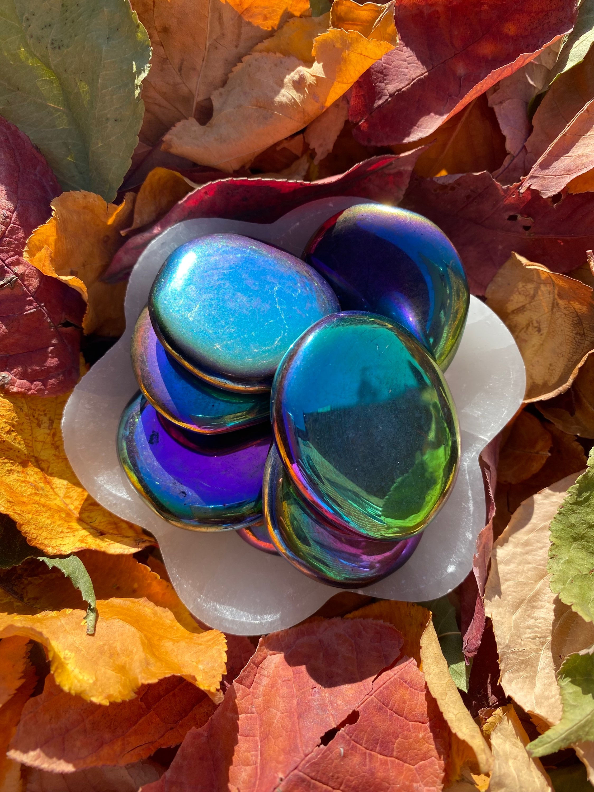Titanium Rainbow Aura Palm Stone