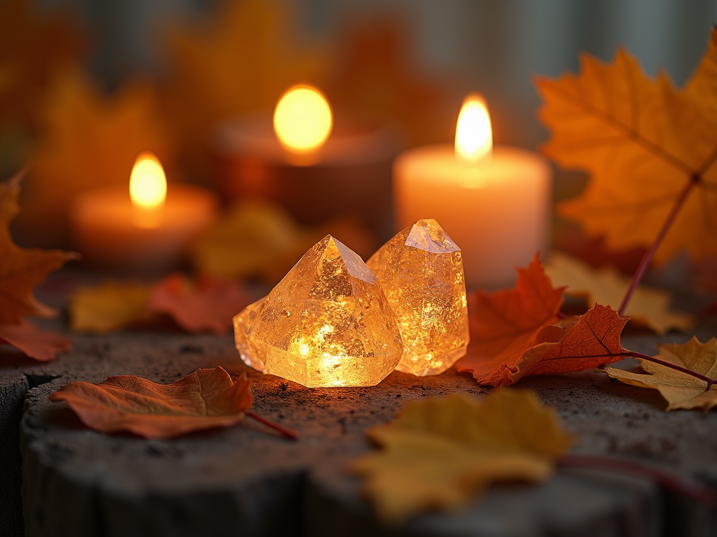 A sacred space with crystals and golden autumn leaves shimmering in candlelight.