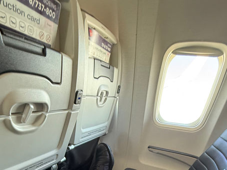 a photo taken of a row of seat on an aeroplane facing the window. The photo is taken from eye-view of a pair of legs stretched out over the seats.