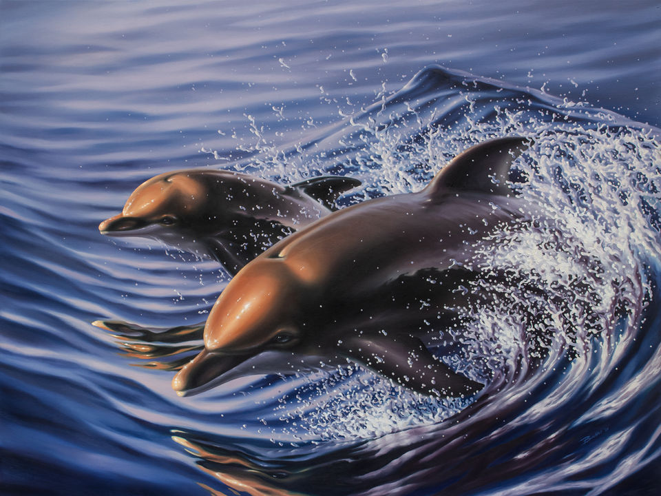 Into the Sunset: original oil painting of mother and calf bottlenose dolphins
