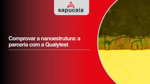 Banner do artigo 'Comprovar a nanoestrutura: a parceria com a Qualytest', com logo da Sapucaia e corte metalográfico mostrando as nanolaminas do NanoGalv®.