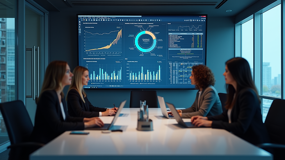 High angle view of a conference room with a team discussing Power BI analytics on a large screen