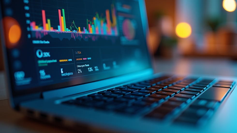 Close-up view of a laptop screen displaying colorful data visualizations and charts